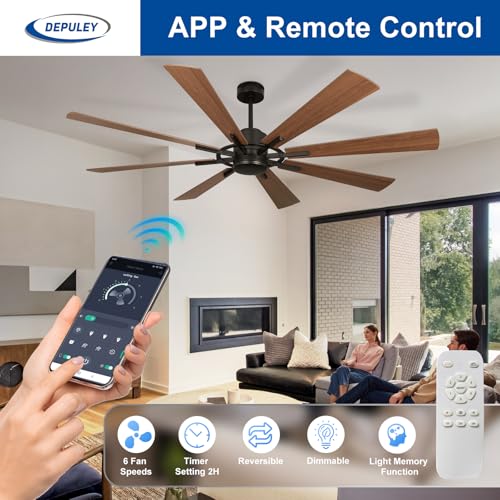 Image of Depuley Ceiling Fan Without Light: 72 Inch Big Indoor Outdoor Fan with Remote APP Control - Large Farmhouse Walnut Ceiling Fan no Light 8 Blade Reversible Quiet DC Motor Memory Function Timer