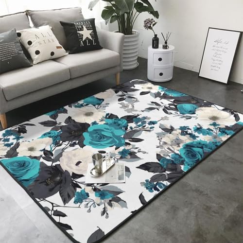 Tapis imprimé de roses noir blanc gris grand format 203x147 cm - 3