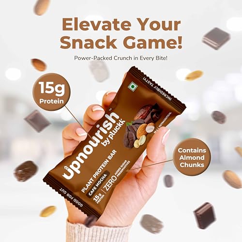 Image of Upnourish by Pluckk Plant Protein Bar - Pack of 12 (50g Each) | 15g Protien , 2g Fiber | No Added Sugar & Preservatives | Protein Bar without sugar | Lactose & Gluten Free | Gut Friendly | Cafe Mocha Flavoured - 300g