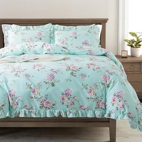 FADFAY Floral Duvet Cover Set King Size 100% Cotton French Country Bedding Hydrangea Flower Comforter Set Soft Breathable Shabby Vintage Ruffle Bed Cover with Hidden Zipper 3 Pcs, King/Cal King Cover