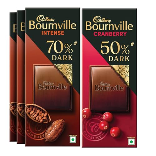 Image of Cadbury Bournville Dark Chocolate Bar Combo (3 x 70% Dark Chocolate Bar 75 g & 1 x Cranberry 78 g)