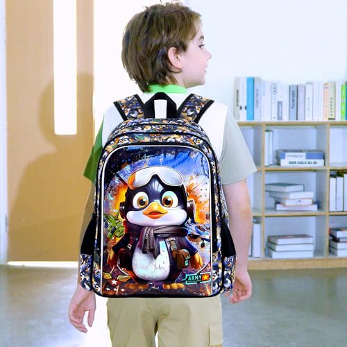 Image of 16 inch Penguin Backpack for Boy, 3Pcs Kids Bookbag for Elementary Preschool Kindergarten, School Backpacks with Lunch Box(Black)