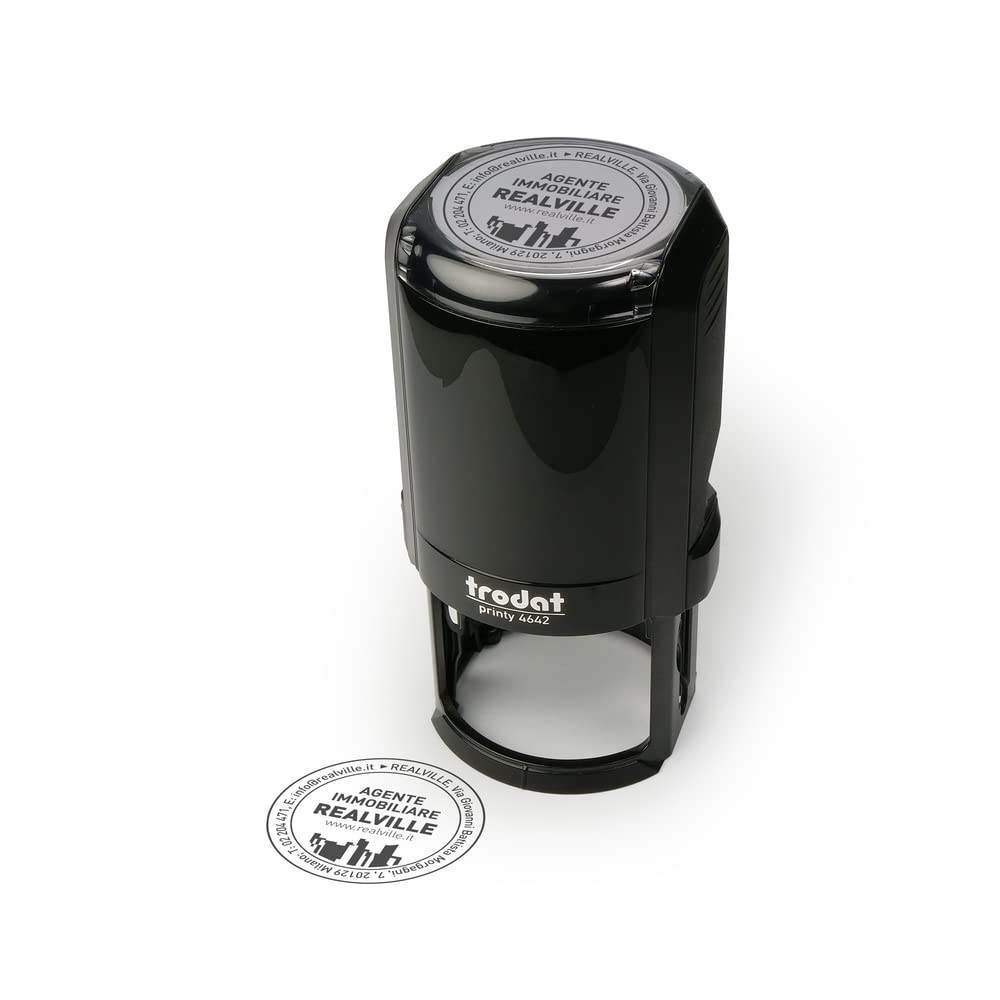 Trodat Printy 4642 Timbro Personalizzato Autoinchiostrante, Max 8 righe, Impronta ROTONDA Ø 42 mm, Rosso, Cartuccia Inchiostro Rosso, per Loghi, Associazioni, Albi, Biblioteche, Shopper, Etichette