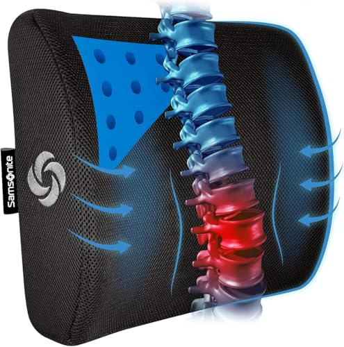 Image of Samsonite Memory Foam Lumbar Support Pillow for Office Chair, Gaming Chair & Car Seat Automotive Use, Home Office Essentials for Sitting Comfort and Posture Relief Back Support, Black with Cooling Gel