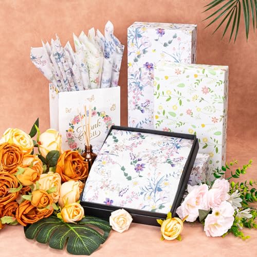 Image of Larcenciel 60 Sheets Vintage Floral Tissue Paper, Wild Flowers Art Tissue Paper for Gift Bags & Packaging, Colorful Watercolor Gift Wrapping Supplies for Crafts Christmas Holiday Wedding,13.8x19.7inch