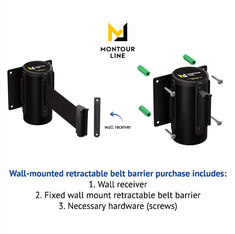 Montour Line WM115 Wall Mounted Retractable Belt Barrier with Standard Belt End, Fixed Mount, Black Casing (8.5 ft Black Belt)