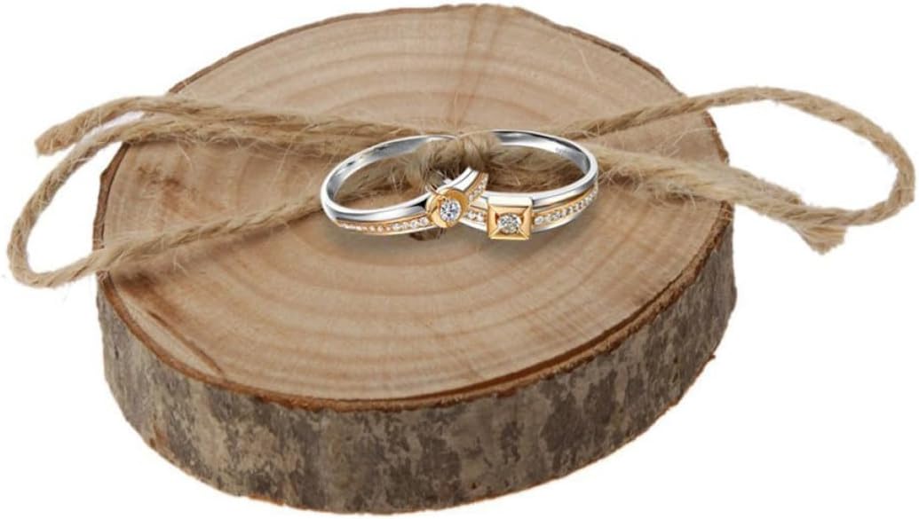 Wakauto Rustic Wooden Ring Bearer Pillow Round Jute Rope for Weddings
