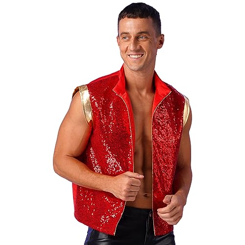 Yeahdor Mens Arabian Prince Vest Tops Halloween Sparkly Sequins Open Front Waistcoat Cosplay Fancy Dress2