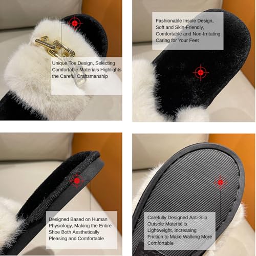 Shiny Chain Decor Plush Fuzzy Slippers for Women Fashion Open-Toe Warm Cozy Fluffy Indoor House Slippers4