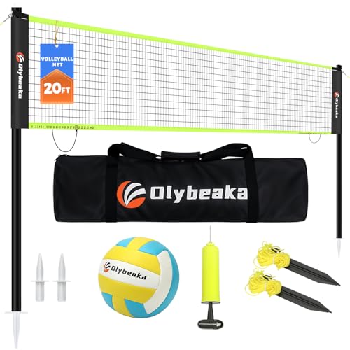 20FT Outdoor Volleyball Net Set System for Backyard Beach with Anti-Sagging Net, Iron Adjustable Height Poles, Soft PU Volleyball and Pump, Carry Bag - Instant Set Up & Durable (Black and Green)