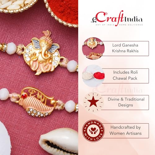 Image of eCraftIndia Set of 2 Lord Ganesha, Krishna Rakhis, Best Bro Ever Fridge Magnet with Roli Chawal Pack - Rakhis for Brother, Bhabhi, Kids