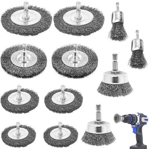 12 Scheibenbenbürste mit Gewellter Stahldraht, Sechskant-Schaft Rotierende Stahldraht-Radbürst, Ersatz-Drahtbürste für Zubehör Bohrmaschine,Scheibenbürste für Entrosten, Entzundern,Aufrauen Reinigen