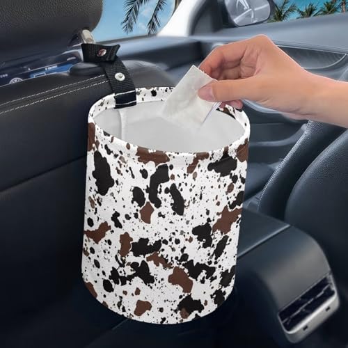 Image of Cow Print Car Trash Can Cute Garbage Bin Hanging Portable Dustbin Bin Waste Basket Collapsible Small Trash Can Easy to Clean