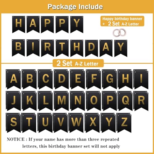 Custom Birthday Banner With Name, Make Your Own Happy Birthday Bunting for Bday Party, Black Sign With 26 A-Z Letter Banners 2 Set