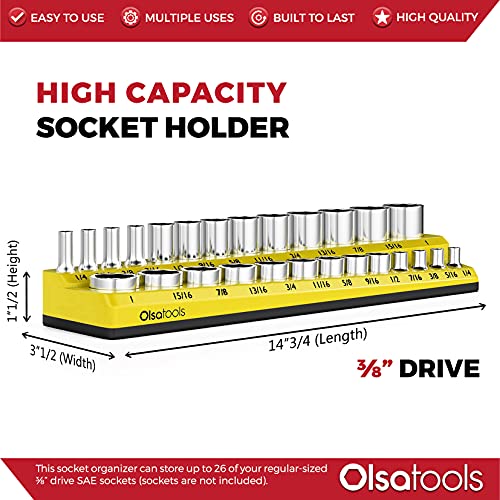 Image of Olsa Tools Magnetic Socket Organizer - 3 /8-Inch Drive SAE Socket Holder with Strong Magnets - Professional Tool Holder and Organizer - Stores up to 16 Sockets - Yellow - Part: 1350