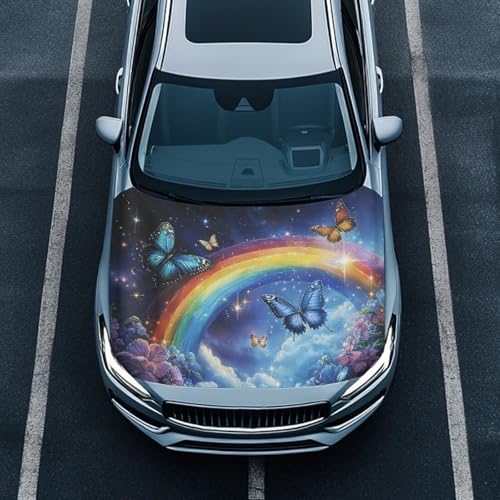 Image of 3.35 Ft Butterfly Rainbow Prints Car Hood Cover Polyester Elastic Fabric Waterproof Universal Fit Car Cover 39inches59inches /100cm150cm