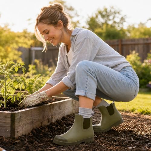 Image of planone Women's Fashion Waterproof Short Chelsea Rain Boots Durable Non Slip Ankle Rubber Boots Work Booties Lightweight Outdoor Garden Shoes with Removable Insole
