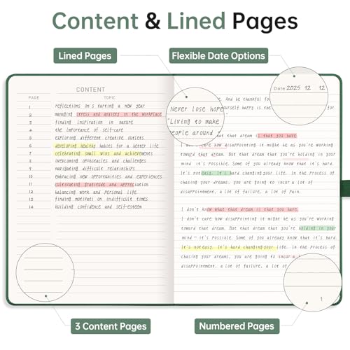 Image of EMSHOI Lined Journal Notebook, 192 Numbered Pages, A5 Size (5.7'' x 8.3'') | Leather Hardcover, 100 GSM Thick Paper, for Women & Men, Journaling, Writing, Work & Office, Sun Debossed (Dark green)