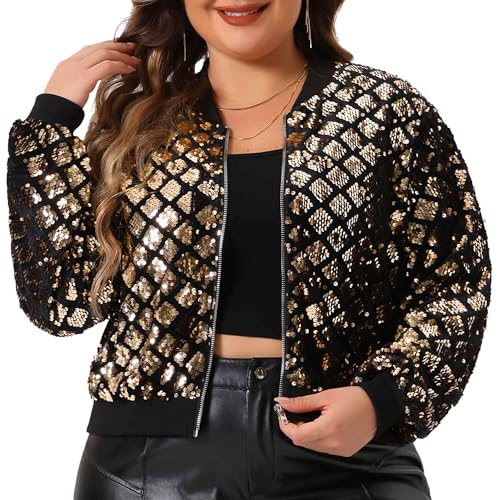 Agnes Orinda Plus Size Sequin Bomber Jacket for Women Zipper Long Sleeve Party Sparkle Metallic Jackets