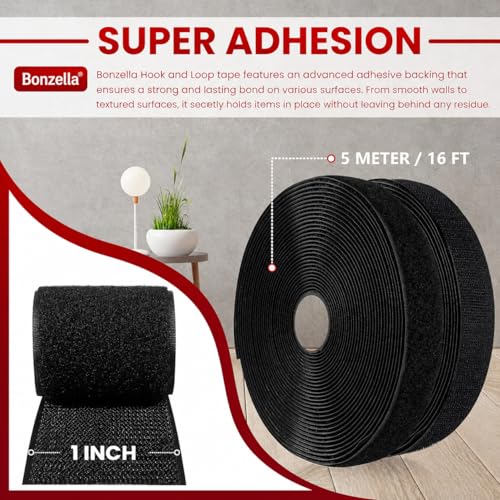 Image of BONZELLA Self Adhesive Hook and Loop Tape, Mosquito Net Mounting Tape for Office Use, Photo Frames, Multipurpose Double Sided Adhesive Hook Loop Tape for Crafting & Wall Hanging Black (5m X 25mm)