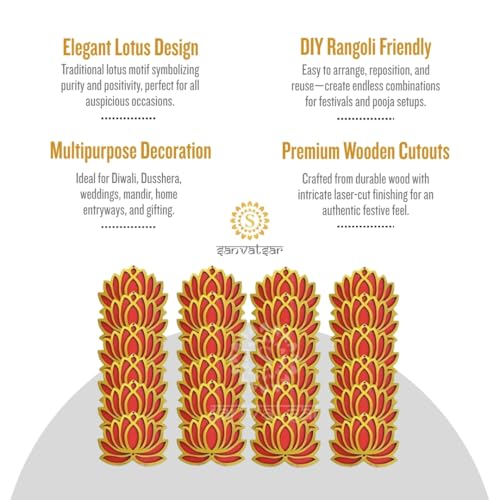 Image of Sanvatsar Home White Golden Lotus 4 Inch Set of 24 Wooden Cutout DIY Rangoli Kit | Decorations for Diwali, Dusshera Wedding Rangoli, Pooja, Decorations, Festival Gift (Red24)