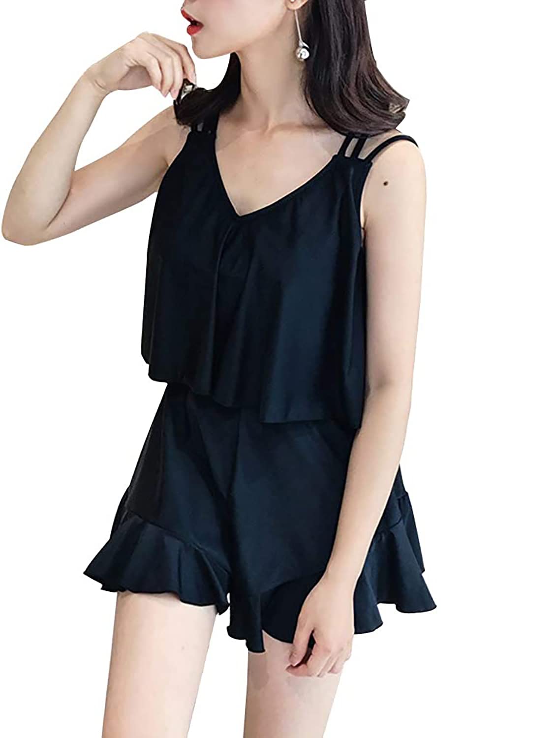 水着 レディース ワンピース 体型カバー 紫外線対策 タンキニ スイムウェア ビーチウェア オールインワン ブラック 黒水着 女性用水着 フレア水着 着痩せ 温泉水着 海水浴 水陸両用 無地 大きいサイズ 可愛い 胸パッド付き 露出控えめ