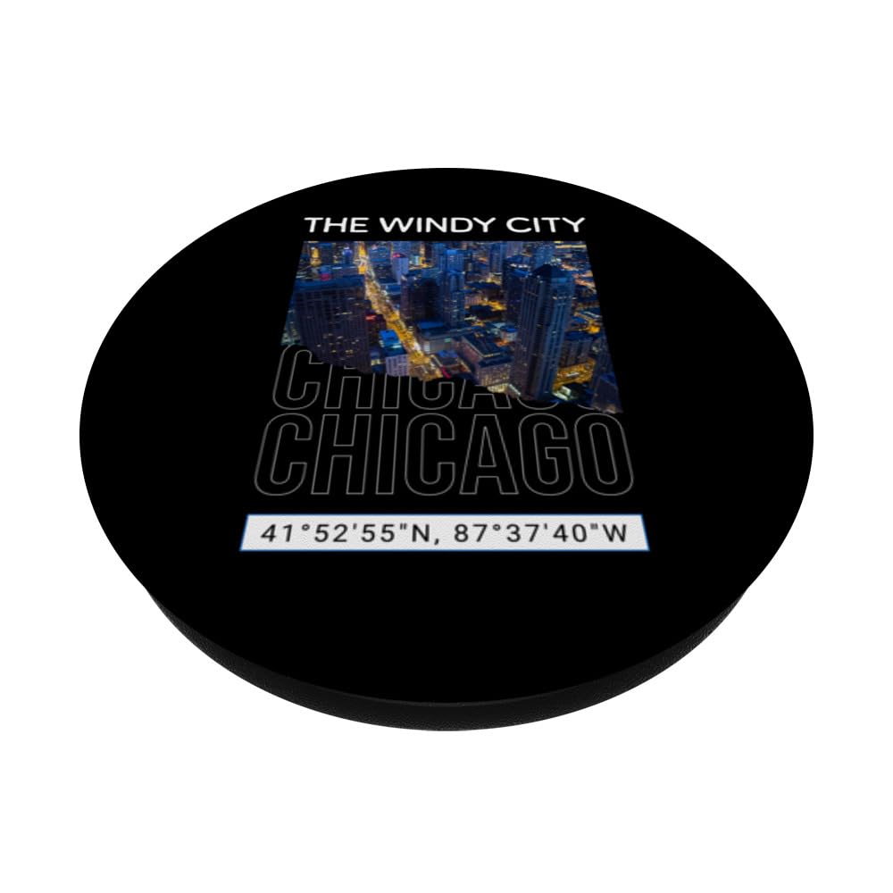Chicago Night Sky View Chi-Town Windy City GPS Coordinates PopSockets Swappable PopGrip, Black - Image 2