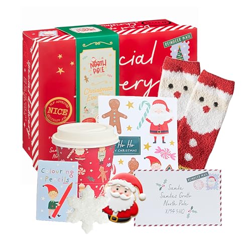Topline Caja de Nochebuena – Mezcla de chocolate caliente, taza, lápices, calcetines, dulces y coberturas – rellenos de calcetines y regalos