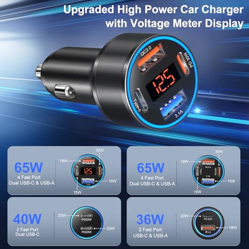 Image of 3 Pack USB C Car Charger, 4-Port 65W Dual 12V USB-A & USBC Cigarette Lighter Adapter Plug with Voltmeter PD /QC 3.0 Fast Charging Car Phone Charger for iPhone 17 16e 15 14 13 12 Pro Max, Android-Black