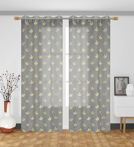 Image of IVAZA Polyester Semi-Transparent Leaf Embroidered Curtain ? Sheer Voile Panel with Eyelets ? Lightweight & Airy ? Ideal for Living Room, Bedroom, Balcony Long Door- 9 Feet (Pack of 2) Grey