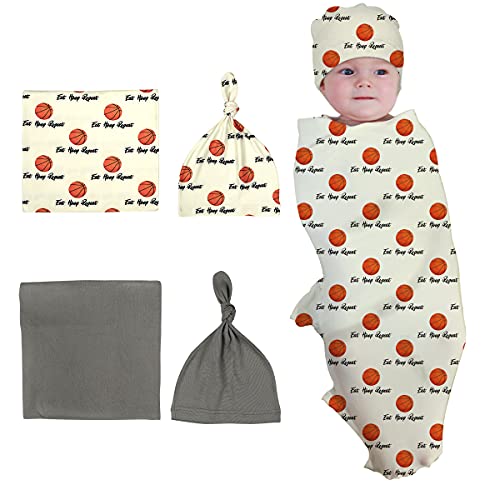 Image of Sport Baby Swaddle Blanket - 2 Pack Swaddling Receiving Blanket with Headband - Baby Shower Newborn Gift (Basketball)