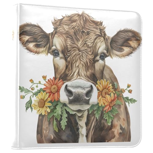 JIPONI Cute Cattle with Wild Flower Large Photo Album, DIY Leather Cover Scrapbook Albums for 4x6 5x7 6x8 Pictures, Self Adhesive Memory Book for Wedding, Baby, Family