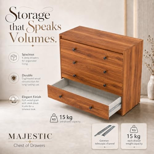 Image of Studio Kook Majestic Engineered Wood Chest of Drawers, 4 Drawers (Amber Walbut, Matte Finish)