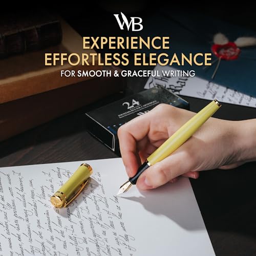 Image of Wordsworth & Black Luxury Fountain Pen Set for Writing, Medium Nib, Yellow | Gift for Men & Women, Brass Body, 18K German Iridium, Calligraphy, Converter + 24 Ink Cartridges, Refillable, Leak-Free