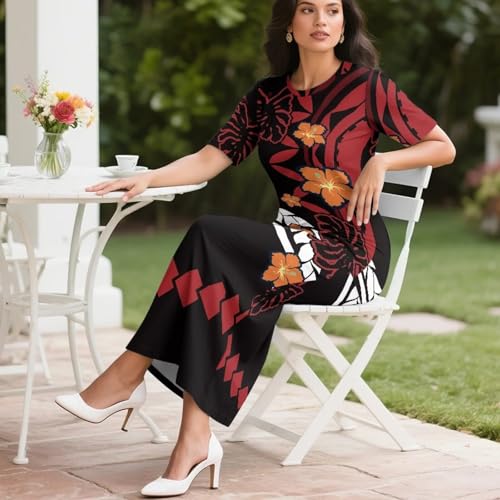 Image of Puletasi Samoan Traditional 2 Piece Outfits for Women Short Sleeve Crop Top and Maxi Skirt Sets Puletasi Dress