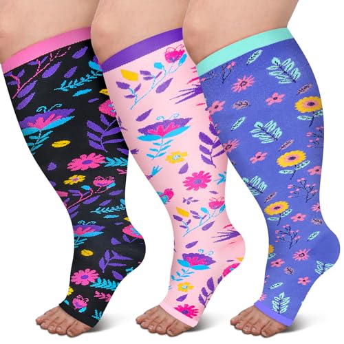 Open Toe Compression Socks for Women 3 pairs Toeless Sock Wide Calf Knee High Support Sock
