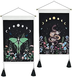 Yugarlibi Set of 2 Nature Wall Hangings with Tassels, Moon Phases Garden Tapestry Butterfly Snake Small Tapestries, Flowers Plants Wall Art Tapestry for Bedroom, 35x50 cm
