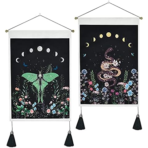 Yugarlibi Set of 2 Nature Wall Hangings with Tassels, Moon Phases Garden Tapestry Butterfly Snake Small Tapestries, Flowers Plants Wall Art Tapestry for Bedroom, 35x50 cm Cover