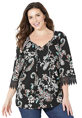 Catherines Women's Plus Size Crochet Trim Peasant Blouse - 6X, Black Floral Paisley (2187) #TOP13