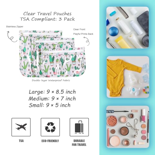 TSA Approved Toiletry Bag, Airline Compliant, Set of 3 Sizes Clear Front Travel Toiletry Bag Quart Size Zipper Pouch, Diaper Bag Organizer, Toiletries, Makeup, Accessories, Zip Bag, Cacti A3