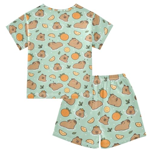 Cute Capybara with Oranges Blue Summer Cute Pajama Sets, Short Sets for Daily Wears and Sleep Wears2