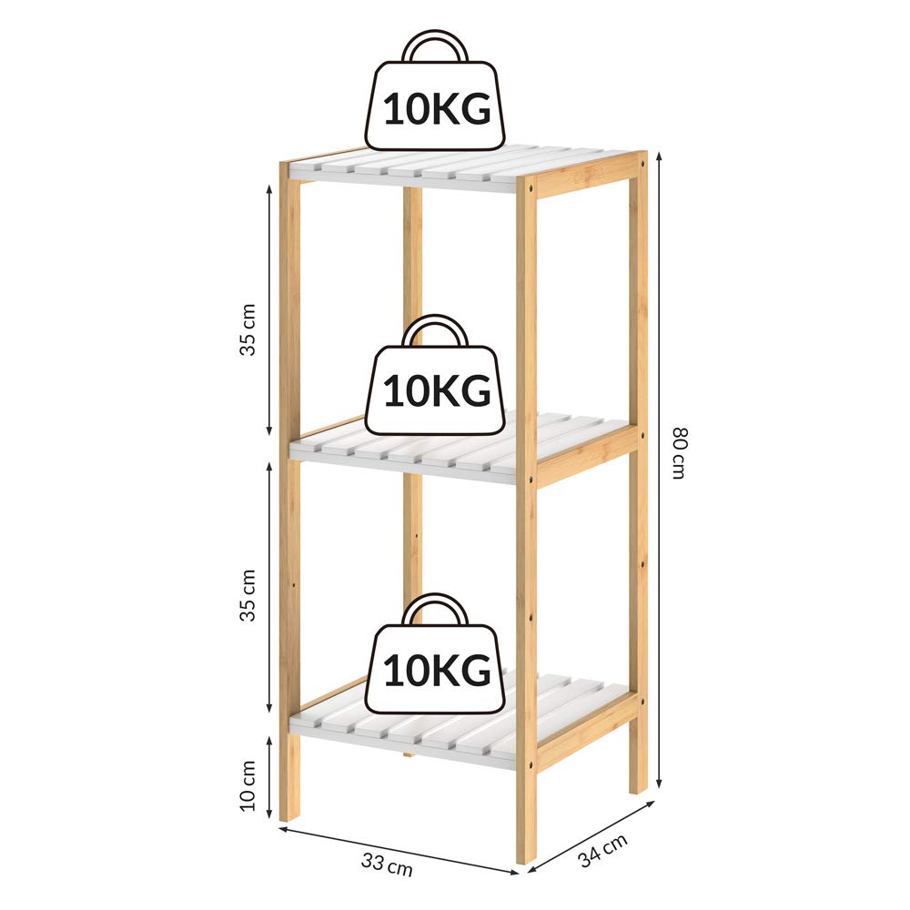 Casaria Étagère en Bambou 3 Niveaux Meuble de Rangement avec tablettes Blanches Charge Max. 30 kg Maison intérieur Salle de Bain