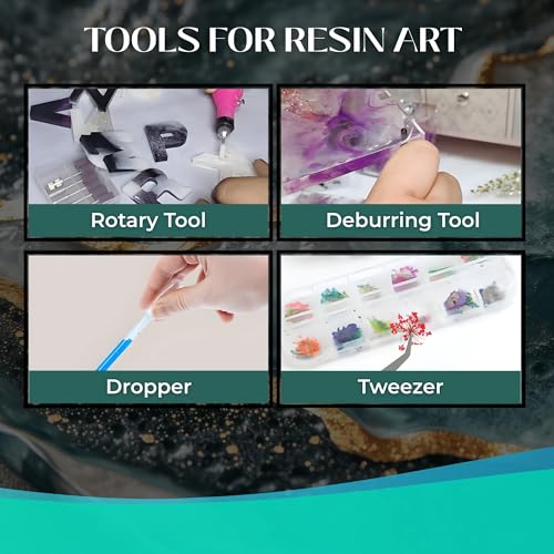Image of R H LIFESTYLE 12 Pcs Epoxy Resin Art Tool Kit with Measuring Cup, Silicone Brush, Rotary Tool, Tweezers, Measuring Scale, Sand Paper, Deburr Handle, Hand Drill and Dropper DIY Resin Art Kit (Big)