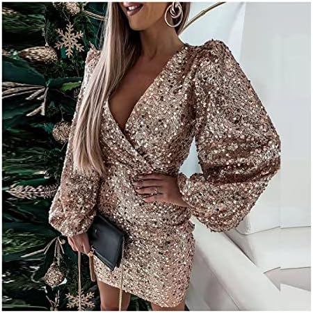 Women Sequins Dresses - Sexy Deep V 