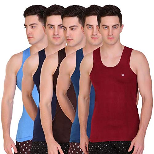 T.T. Men Solid Pack of 5 Dyed Vest Assorted(TIT_Dyed_RN_PO5_Mix_105)