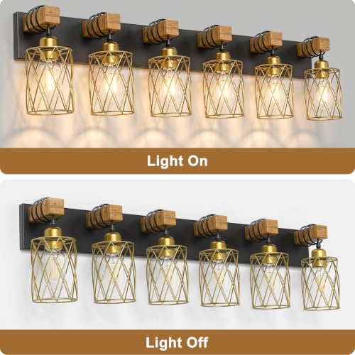 Image of IZORRO Farmhouse Bathroom Vanity Light, 6-Light Wood Bathroom Light Fixtures Over Mirror, Black and Gold Industrial Vanity Lights with Metal Shade, Rustic Restroom Lighting Fixtures