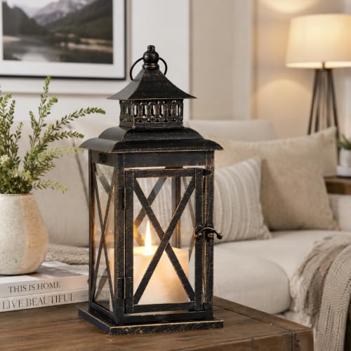 Image of Lantern Decorative Indoor & Outdoor, Large Hanging Candle Lanterns Home Decor, Vintage Metal Candle Holders for Front Porch Patio Wedding Party, Halloween Christmas Decorations (Black)