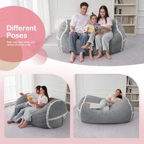 Image of 4FT Bean Bag Chair 4'Big Bean Bag Chairs with Adults, Large Beanbag Chair | Bean bag Lounger with Machine Washable Cover Dutch Velvet Fabric, Comfy Chairs for Living Room, Bedroom, Dorm, Lightgrey