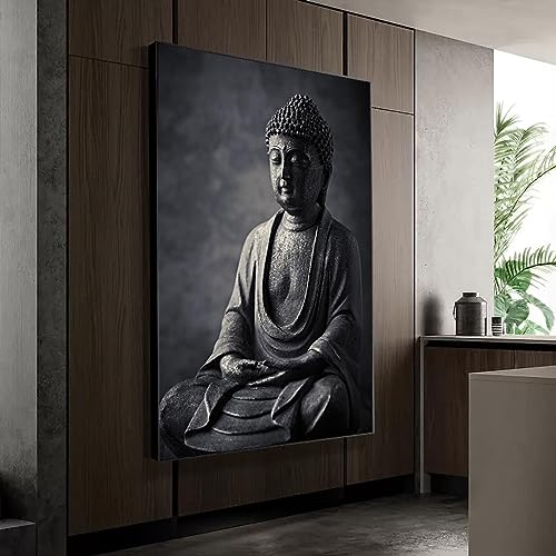 Impression sur toile Bouddha zen en noir et blanc avec cadre en bois 45x75cm LSYALUCK