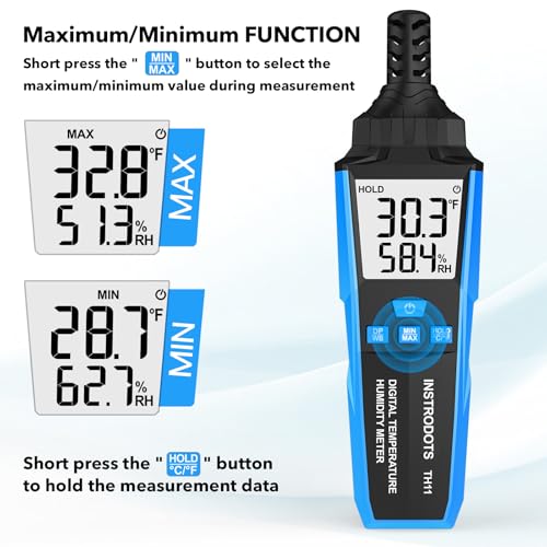 Image of Temperature Humidity Meter, High Precision Digital Hygrometer with Ambient, Dew Point, Wet Bulb Temperature for Indoor Outdoor, Thermometer with Min /Max, Data Hold, LCD Backlight, TH11